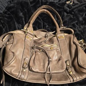 Elegant Taupe Leather Shoulder Bag with Gold Accents